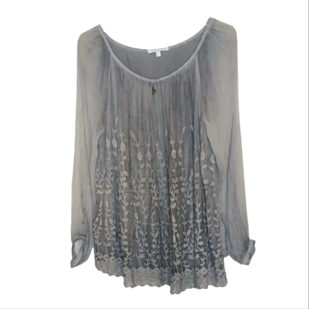 Tempo Paris Silk Embroidered Blouse Sz Large